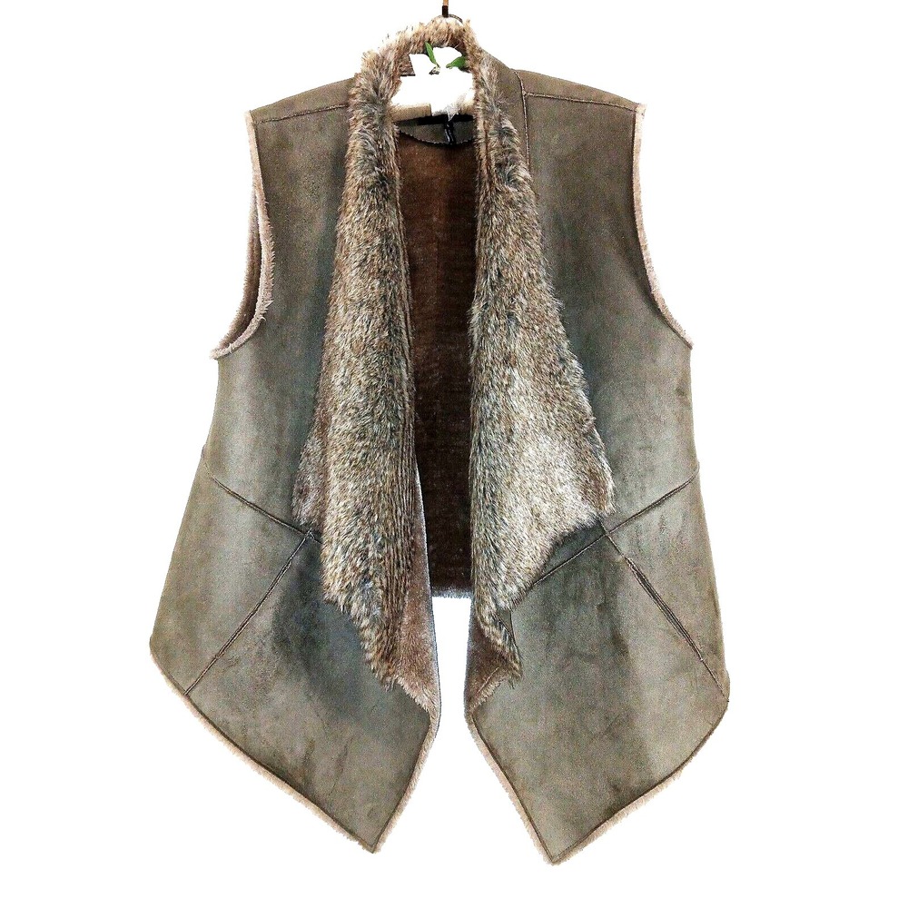 Nic + Zoe Women Faux Fur Suede Vest Large Taupe Asymmetric Outerwear Safari Glam